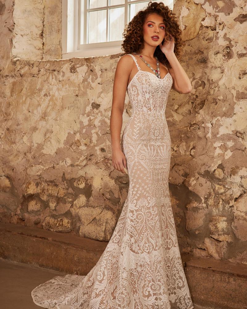 Lp2238 fitted boho wedding dress with spaghetti straps and lace1